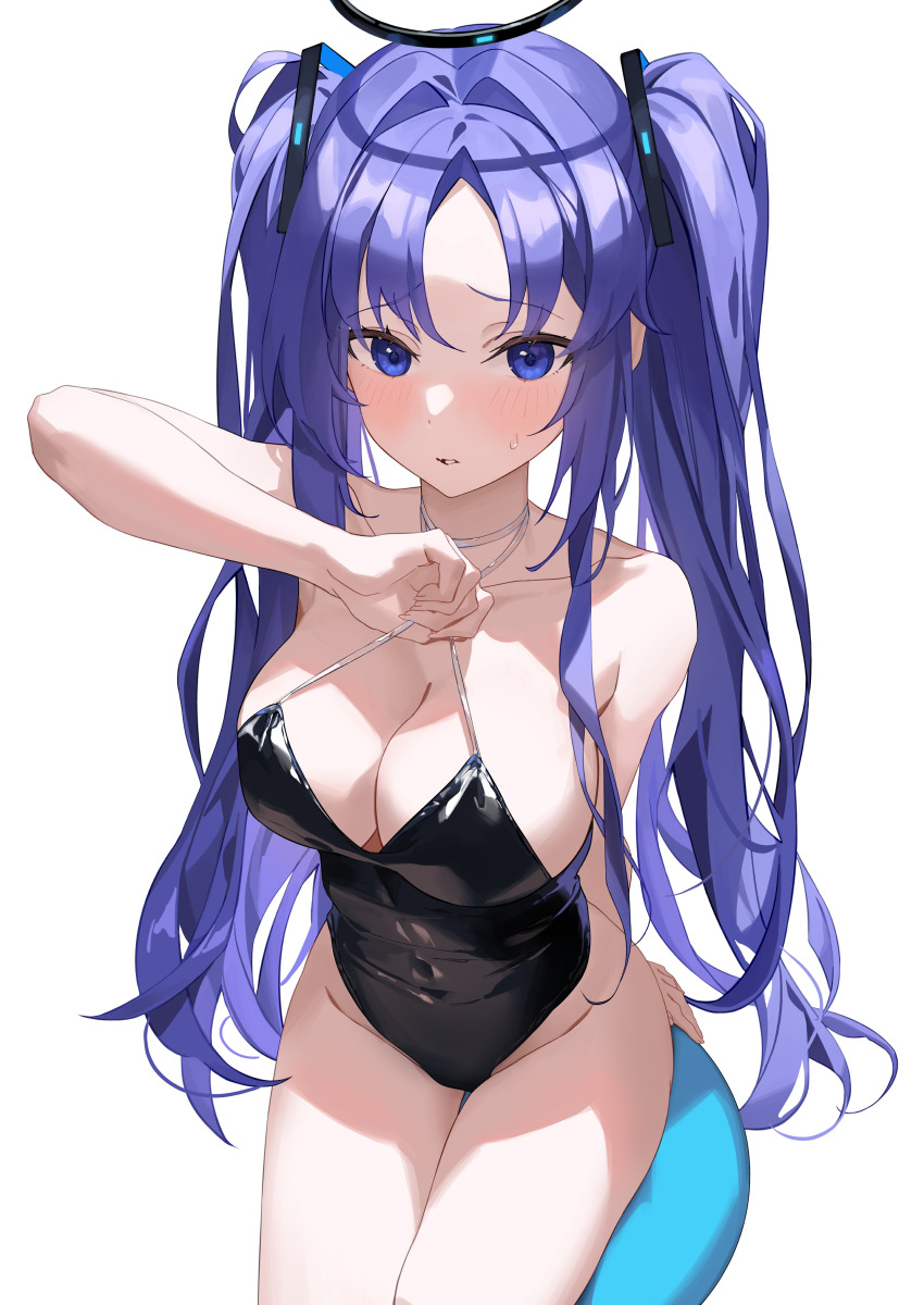 1girl, absurdres, black_leotard, blue_archive, blush, breasts, cleavage, collarbone