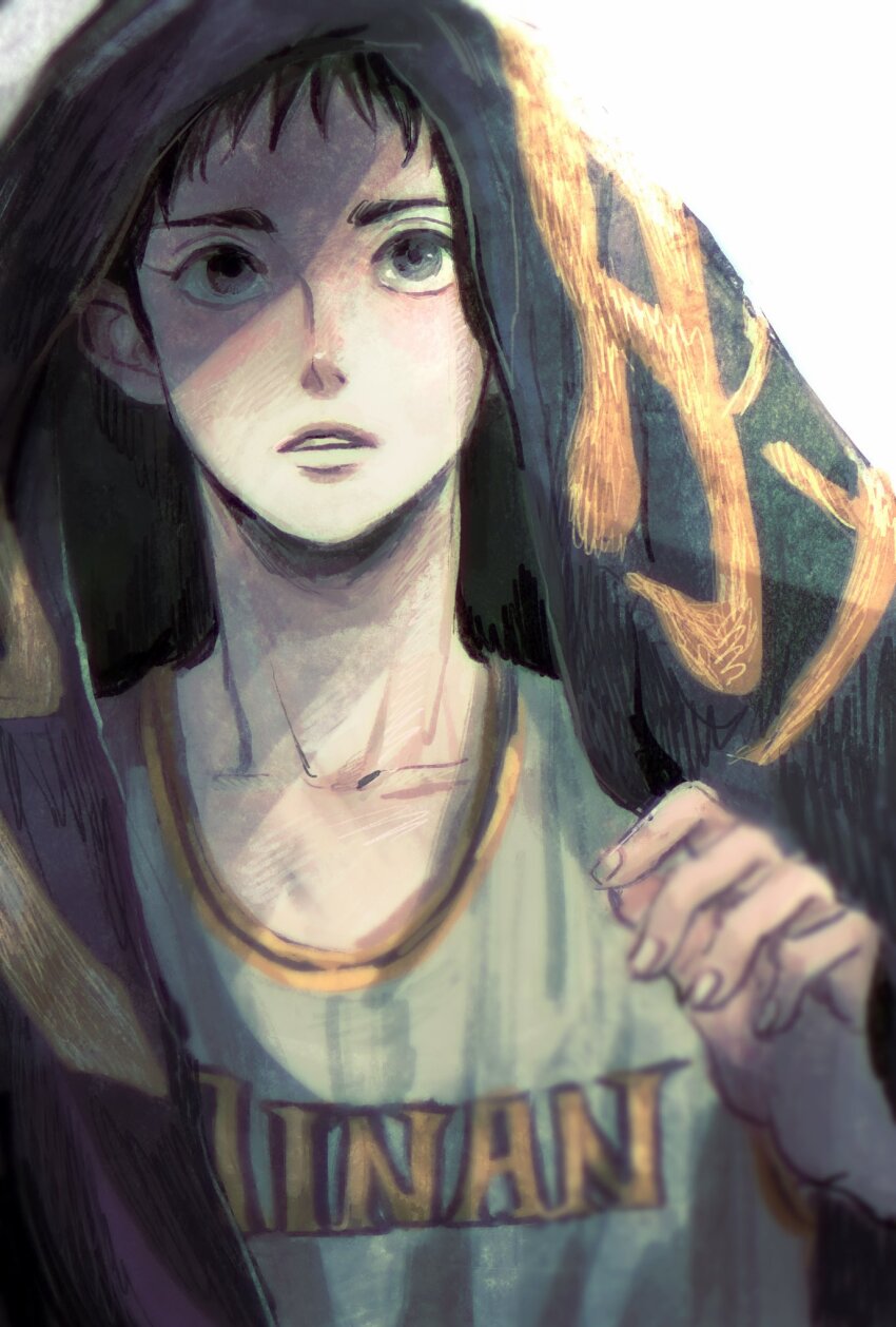 1boy, basketball_jersey, basketball_uniform, black_eyes, black_hair, highres, jin_souichirou, male_focus