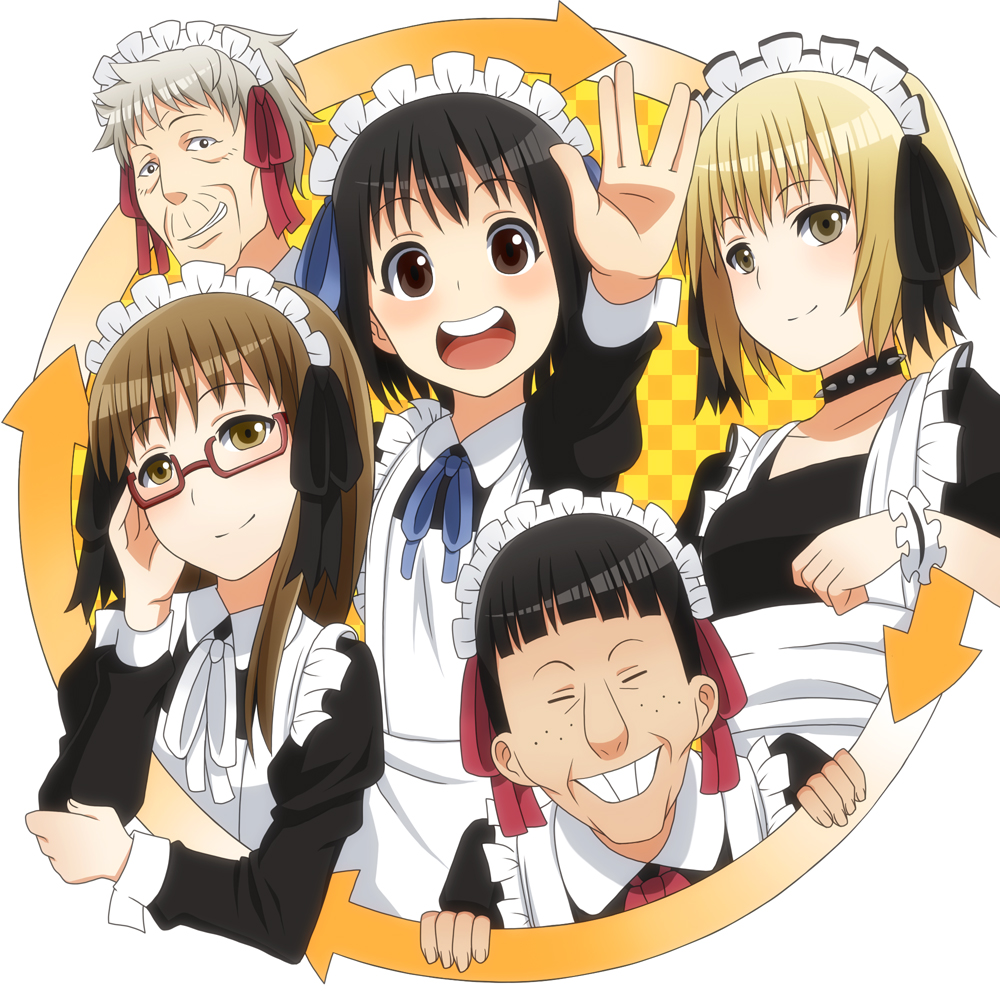 5girls, arashiyama_hotori, arrow_(symbol), black_hair, blonde_hair, blunt_bangs, brown_eyes, collar, dress, freckles, glasses, grey_hair, haribara_harue, isohata_uki, kon_futaba, laco_soregashi, long_hair, looking_at_viewer, maid, maid_headdress, multiple_girls, salute, short_hair, smile, soredemo_machi_wa_mawatteiru, spiked_collar, spikes, tatsuno_toshiko, vulcan_salute