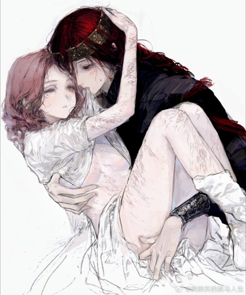 2girls, black_eyes, braid, brown_eyes, brown_hair, burn_scar, chinese_commentary, clothes_in_mouth, clothes_lift, commentary_request, elden_ring, eye_contact, face-to-face, facial_mark, from_side, hand_on_another's_head, headband, highres, knees_up, legs_together, lifting_another's_clothes, lifting_person, long_hair, looking_at_another, low-braided_long_hair, low-tied_long_hair, medium_hair, melina_(elden_ring), mouth_hold, multiple_girls, oc_x_canon, one_eye_closed, parted_lips, qiqiqiqi, red_hair, scar, scar_on_arm, scar_on_chest, scar_on_leg, scars_all_over, shirt_in_mouth, shirt_lift, simple_background, single_braid, socks, sweatdrop, tarnished_(elden_ring), too_many, undressing, watermark, weibo_watermark, white_background, white_socks, yuri