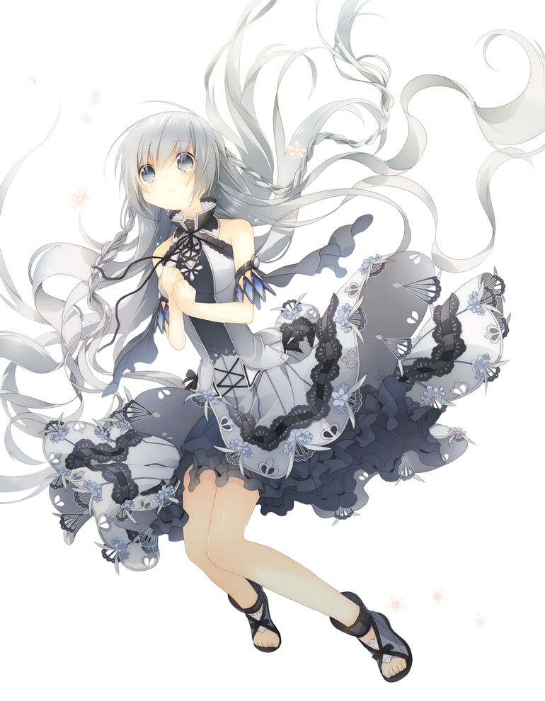 1girl, armband, bare_shoulders, braid, dress, female_focus, frilled_dress, frills