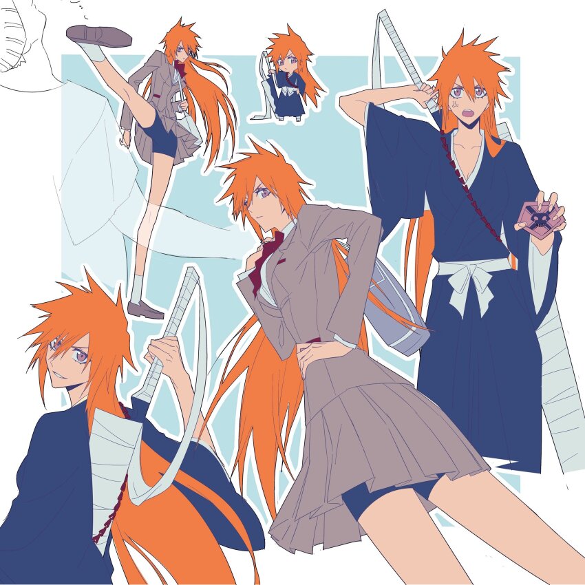 1girl, anger_vein, bag, black_hakama, black_pants, black_shorts, bleach, brown_eyes, brown_footwear, brown_jacket, brown_skirt, chibi, chibi_inset, collarbone, from_below, genderswap, genderswap_(mtf), hair_between_eyes, hakama, hand_on_own_hip, highres, holding, holding_sword, holding_weapon, jacket, japanese_clothes, kicking, kurosaki_ichigo, long_sleeves, looking_at_viewer, looking_back, multiple_views, neck_ribbon, obi, open_mouth, orange_hair, pants, planted, planted_sword, planted_weapon, pleated_skirt, red_ribbon, ribbon, sash, school_bag, school_uniform, shihakusho, shirt, shorts, shorts_under_skirt, simple_background, skirt, smile, socks, sword, weapon, weapon_on_back, white_sash, white_shirt, wide_sleeves, zangetsu_(shikai), zangjun, zanpakutou