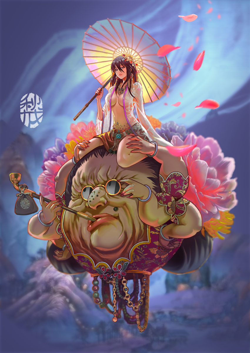 1girl, 1other, absurdres, adjusting_eyewear, bare_legs, bracelet, breasts, brown_hair