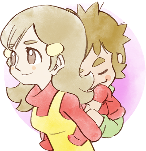 1boy, 1girl, 5-volt, 9-volt, apron, brown_eyes, brown_hair, carrying