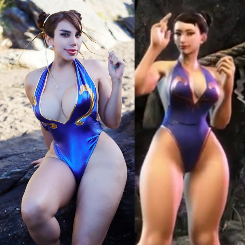 1girl, 3d, alternate_costume, ass, barefoot, blue_one-piece_swimsuit, breasts, capcom