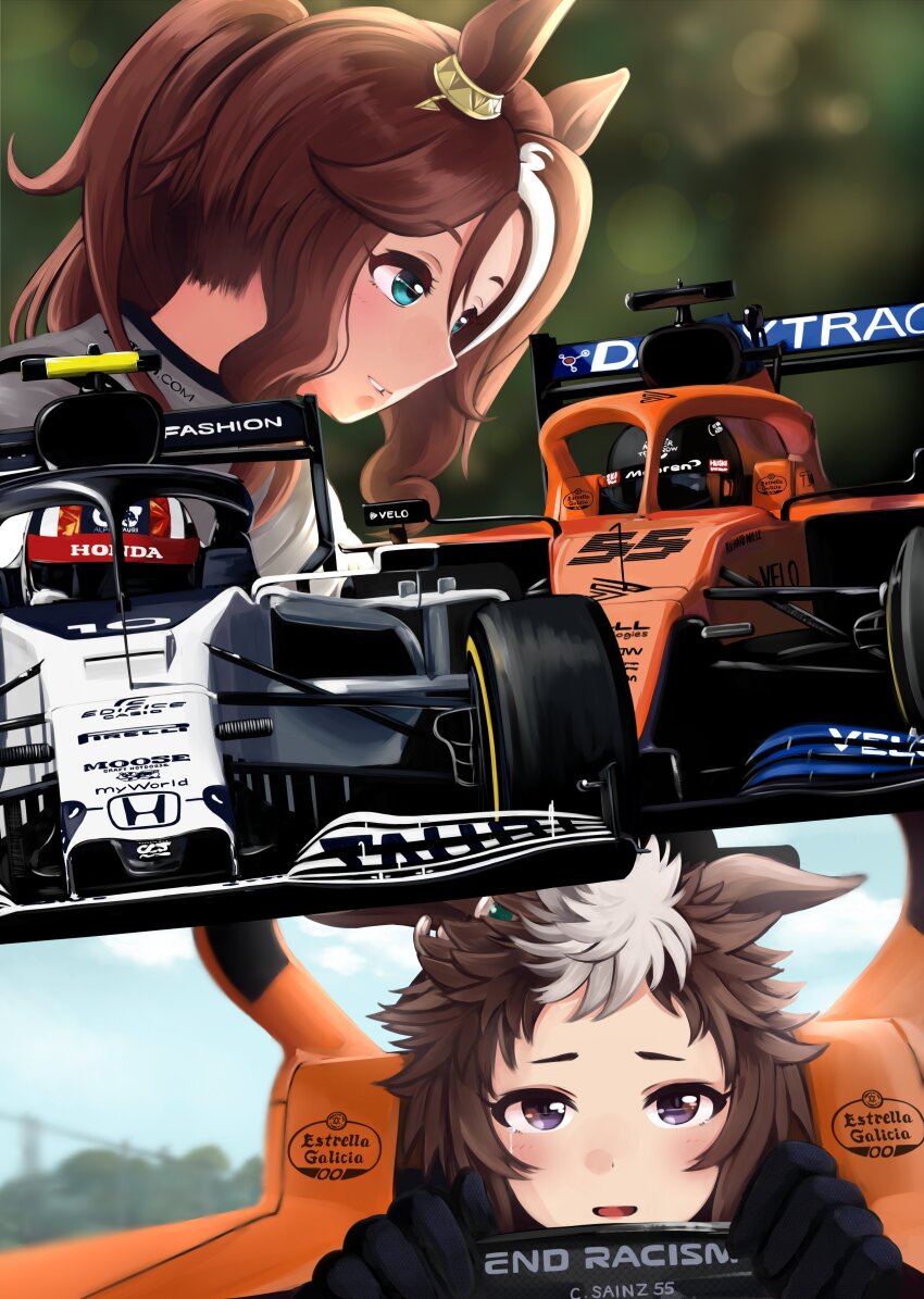 2girls, absurdres, animal_ears, black_gloves, blue_eyes, blush, car, carlos_sainz, carlos_sainz_(cosplay), cloud, cosplay, crying, crying_with_eyes_open, driving, formula_one, formula_racer, gloves, head_tilt, helmet, highres, honda, horse_ears, mclaren, mejiro_palmer_(umamusume), mejiro_ryan_(umamusume), motor_vehicle, multicolored_hair, multiple_girls, open_mouth, pierre_gasly, pierre_gasly_(cosplay), pirelli, ponytail, purple_eyes, race_vehicle, racecar, real_life, red_bull, short_hair, sky, spoiler_(automobile), streaked_hair, tears, umamusume, vehicle_focus, yanparap