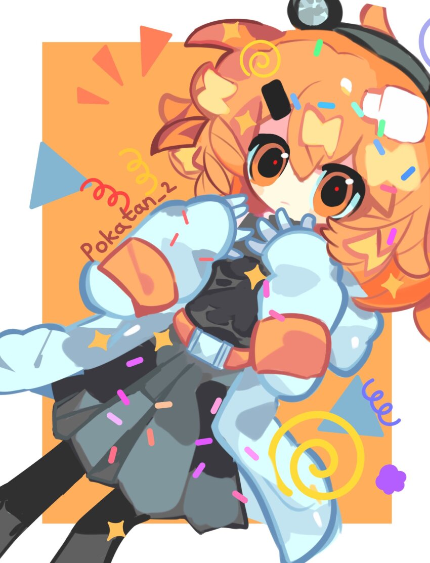 1girl, a.i._voice, adachi_rei, belt_pouch, black_pantyhose, black_shirt, blush, border, closed_mouth, coat, commentary, dutch_angle, feet_out_of_frame, gloves, grey_skirt, hair_ornament, hairclip, hands_up, headlamp, highres, hood, hood_down, hooded_coat, long_sleeves, looking_at_viewer, medium_hair, notice_lines, open_clothes, open_coat, orange_background, orange_eyes, orange_hair, outside_border, pantyhose, pleated_skirt, pokatan, pouch, shirt, shirt_tucked_in, skirt, sleeves_past_wrists, solo, sparkle, sprinkles, triangle, utau, white_border, white_coat, white_gloves