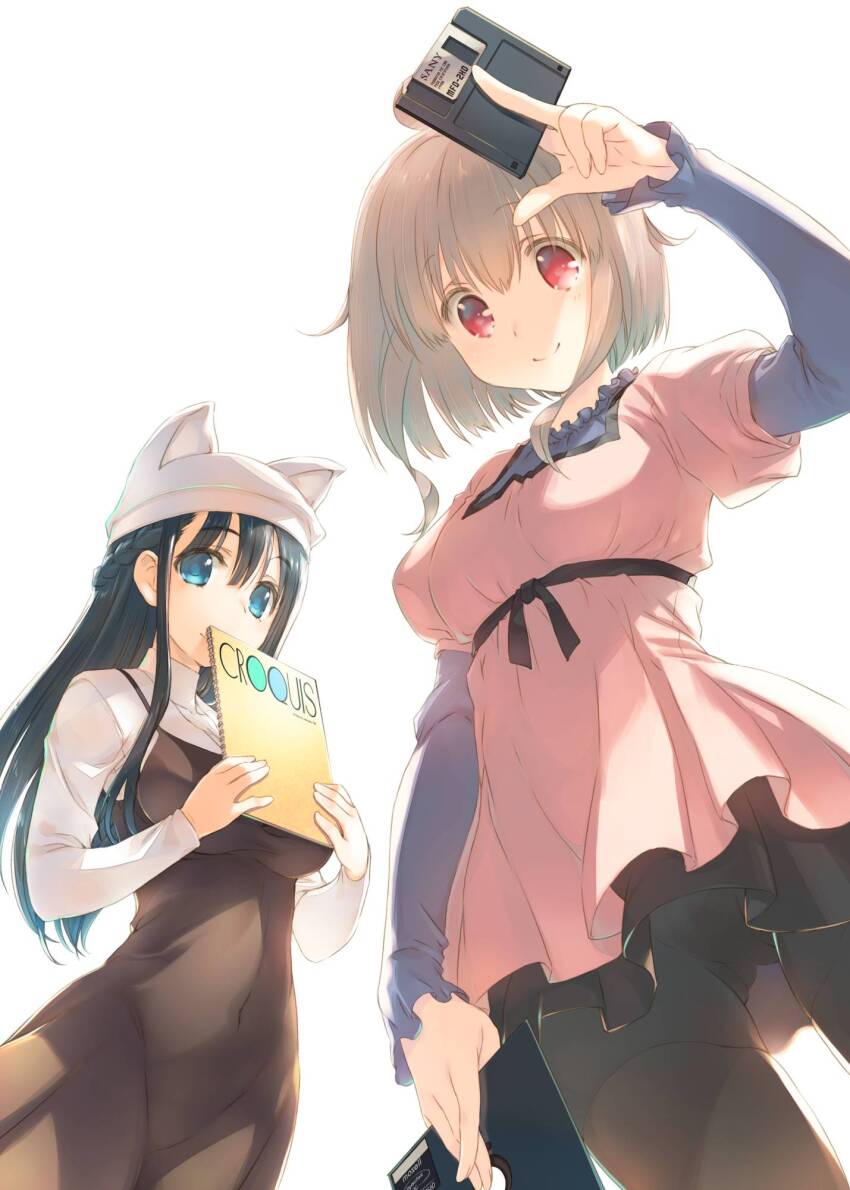 16bit_sensation, 2girls, amazuyu_tatsuki, animal_hat, black_dress, black_hair, blue_eyes, braid, breasts, cameltoe, cat_hat, covered_navel, dress, dutch_angle, floppy_disk, hat, highres, holding, large_breasts, long_hair, long_sleeves, looking_at_viewer, mask, mitsumi_misato, mouth_mask, multiple_girls, panties, panties_under_pantyhose, pantyhose, pink_hair, puffy_sleeves, red_eyes, shimoda_kaori_(16bit_sensation), short_dress, short_hair, simple_background, smile, surgical_mask, textless_version, turtleneck, uehara_meiko, underwear, upskirt, white_background