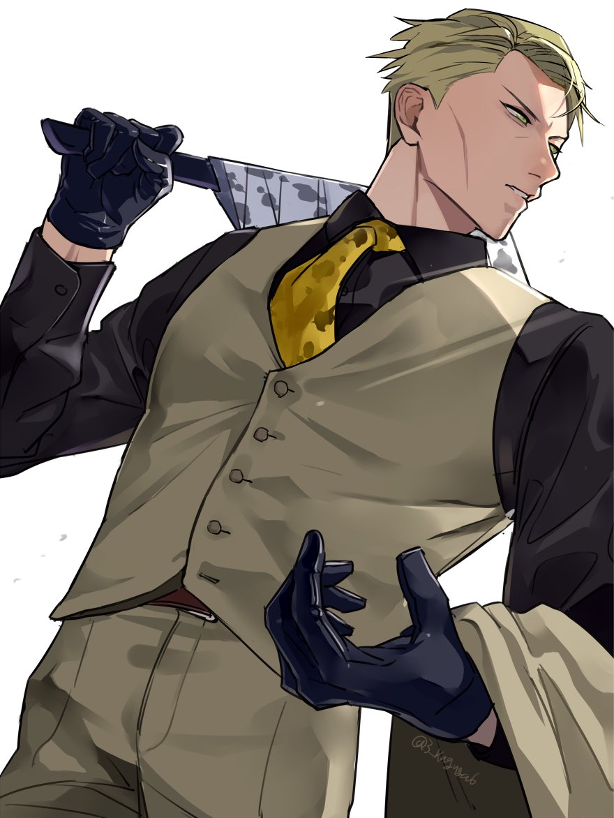 1boy, black_gloves, blonde_hair, brown_eyes, brown_pants, brown_vest, collared_shirt, cowboy_shot