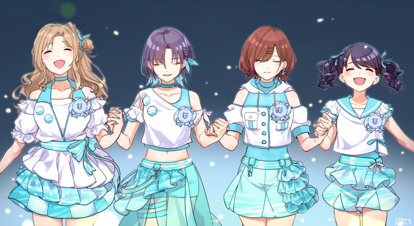 ^_^, asakura_toru, blue_hair, blush, brown_hair, clear_marine_calm_(idolmaster), closed_eyes, collarbone