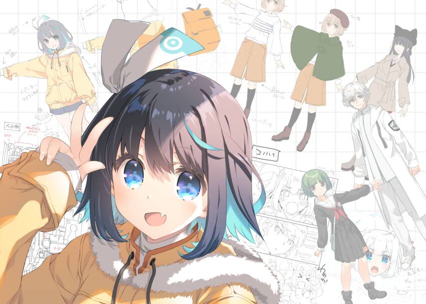 16bit_sensation, 1boy, 4girls, akisato_konoha, black_hair, blue_eyes, blue_hair, character_request