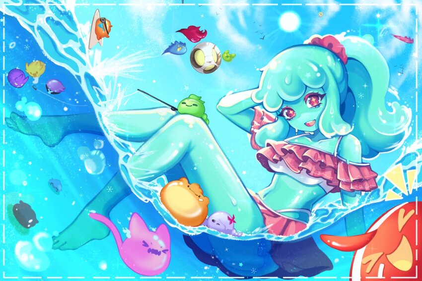 +_+, 1girl, alternate_costume, aqua_hair, aqua_skin, arm_behind_head, barefoot, beanni