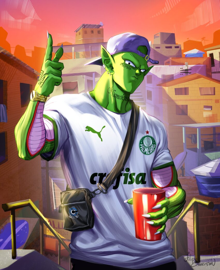 1boy, alternate_costume, brazil, brazilian_flag, colored_skin, dragon_ball, filipeemerson3, handrail, highres, holding, male_focus, piccolo, puma_(brand), scenery, se_palmeiras, slums, soccer_uniform, solo, sportswear, standing, tattoo, window