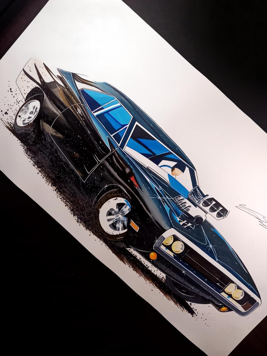 1boy, absurdres, bald, car, commentary, dodge_(company), dodge_charger, dodge_charger_(2nd_generation), dominic_toretto, driving, engine, english_commentary, faceless, faceless_male, fast_&amp;_furious, highres, luka_milic, motor_vehicle, muscle_car, photoshop_(medium), shadow, signature, solo, the_fast_and_the_furious, the_fast_and_the_furious_1, traditional_media, vehicle_focus, white_background