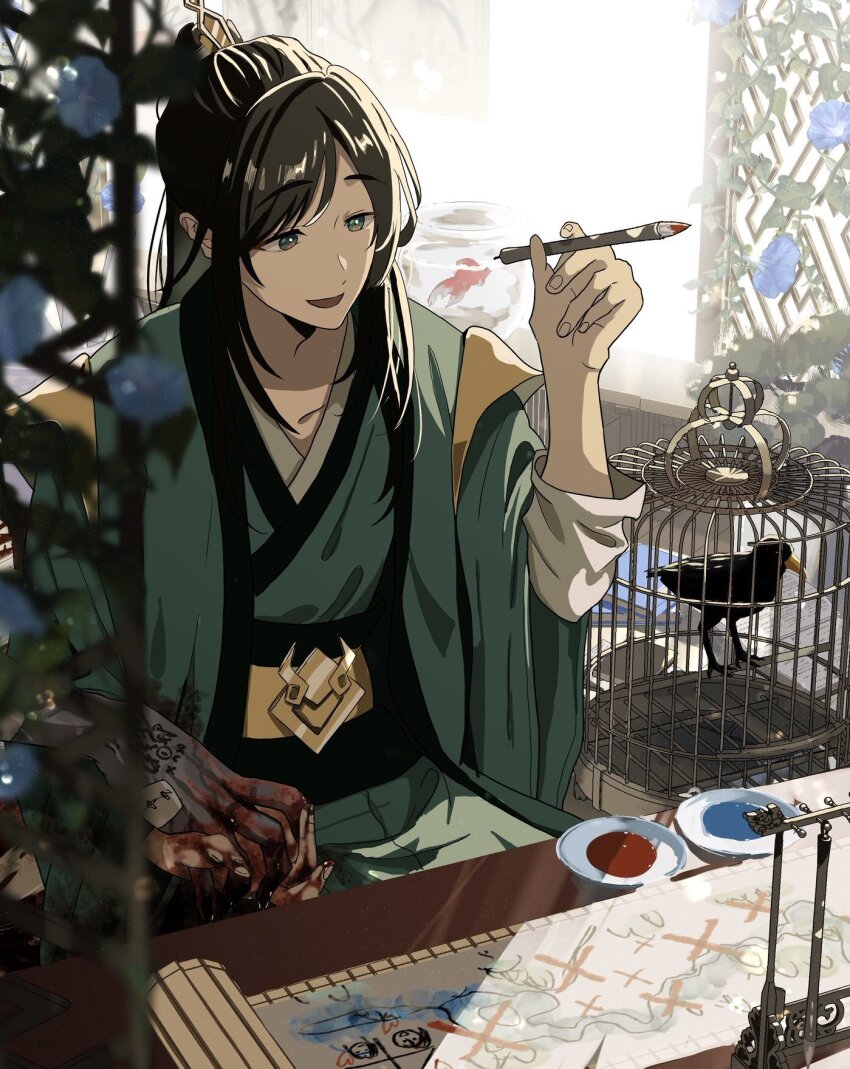 1boy, ai_ai_gasa, bird, birdcage, black_hair, blood, blood_on_clothes, blood_on_hands