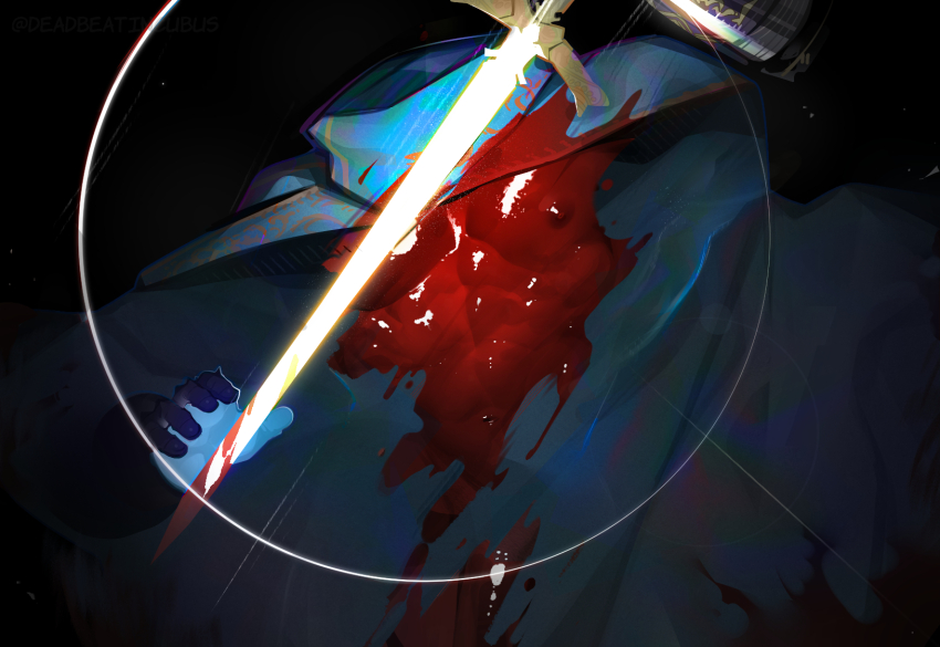 1boy, a_knight_(reverse:1999), abs, blood, blood_on_chest, blue_cape, cape, commentary