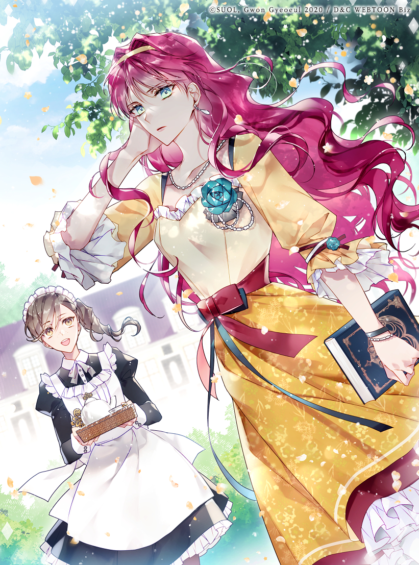 2girls, apron, artist_name, blue_eyes, book, bracelet, brooch, brown_eyes, brown_hair, clothing_request, company_name, dress, dutch_angle, earrings, eckhart_penelope, emily_(villains_are_destined_to_die), falling_petals, flower_brooch, freckles, h_sueun, hair_intakes, hand_in_own_hair, headband, holding, holding_book, holding_tray, jewelry, long_hair, maid, maid_apron, maid_headdress, multiple_girls, necklace, official_art, outdoors, penelope_eckhart, petals, pink_hair, ponytail, teapot, tray, villains_are_destined_to_die, wavy_hair, yellow_dress, yellow_headband