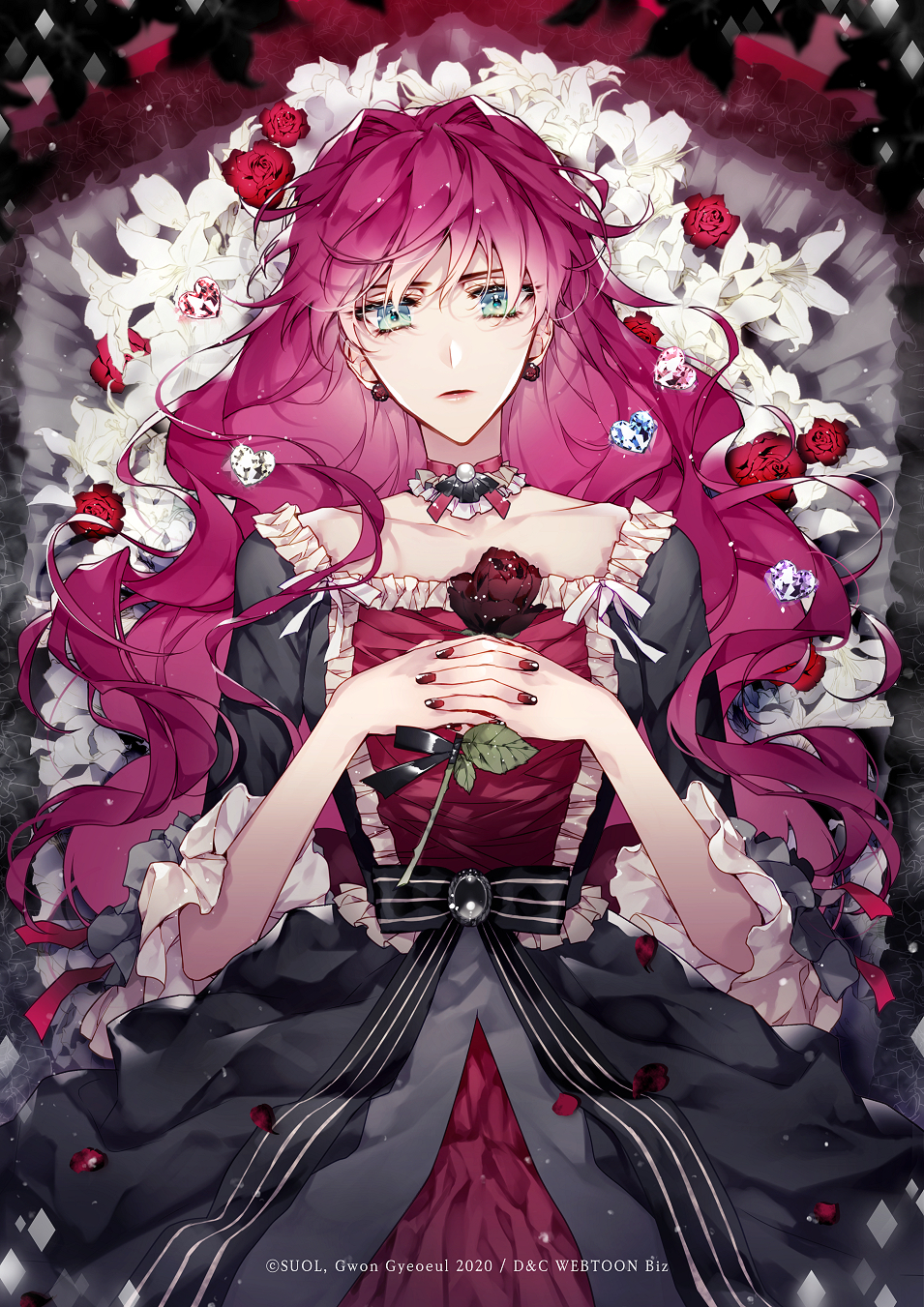1girl, artist_name, black_dress, black_ribbon, blue_eyes, choker, clothing_request, company_name, dress, earrings, eckhart_penelope, flower, frilled_choker, frills, gem, h_sueun, heart-shaped_gem, highres, holding, holding_flower, interlocked_fingers, jewelry, long_hair, lying, official_art, on_back, penelope_eckhart, pink_hair, red_flower, red_nails, red_rose, ribbon, rose, solo, villains_are_destined_to_die, wavy_hair, white_flower