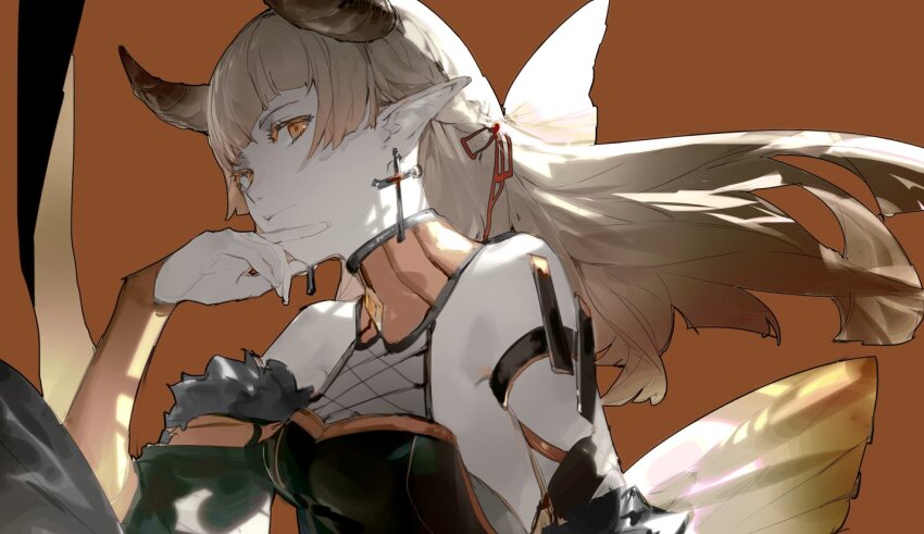 1girl, arcaea, arm_belt, back_bow, bare_shoulders, belt, black_belt, black_dress, black_sleeves, blonde_hair, blunt_bangs, bow, braid, closed_mouth, collar, colored_eyelashes, cross, cross_earrings, demon_horns, detached_collar, detached_sleeves, dress, earrings, expressionless, fingernails, fishnet_dress, floating_hair, fur-trimmed_sleeves, fur_trim, hair_ribbon, hand_on_own_chin, high_collar, horns, jewelry, layered_sleeves, lethe_(arcaea), lethe_(awakened)_(arcaea), lobelia_(saclia), long_hair, long_sleeves, orange_background, orange_bow, orange_collar, orange_eyes, orange_sleeves, pale_skin, palms, pointy_ears, red_ribbon, ribbon, side_braid, sleeveless, sleeveless_dress, sleeves_past_wrists, solo, unfinished, upper_body, yellow_horns