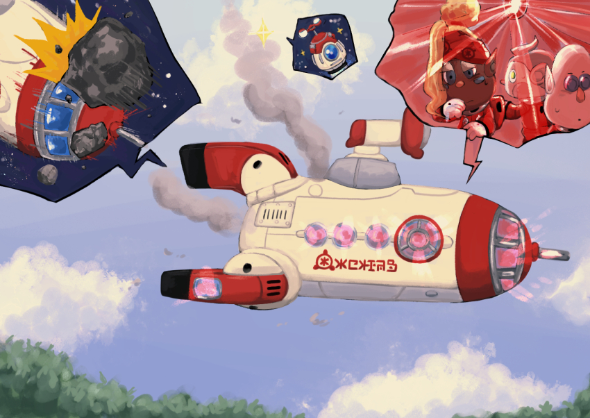 1girl, 2boys, :o, alarm_siren, asymmetrical_bangs, backpack, bag, bald, blonde_hair, blue_eyes, blue_sky, blush_stickers, closed_mouth, cloud, collin_(pikmin), commentary_request, cowlick, crash_landing, dark-skinned_female, dark_skin, day, forest, gauge, gloves, green_eyes, grey_hair, hair_bun, half-closed_eyes, headband, jumpsuit, long_bangs, marking_on_cheek, meteor_shower, multiple_boys, nature, nintendo, missing_headwear, novelty_glasses, outdoors, pikmin_(series), pikmin_4, pointy_ears, red_bag, red_headband, red_jumpsuit, round_eyewear, russ_(pikmin), s.s._beagle, s.s._shepherd, shepherd_(pikmin), short_hair, single_hair_bun, sky, smoke, space, spacecraft, spacesuit, sparkle, speech_bubble, sweat, usuba_(hatomugip), very_short_hair, wavy_mouth, white_eyeshadow, white_gloves