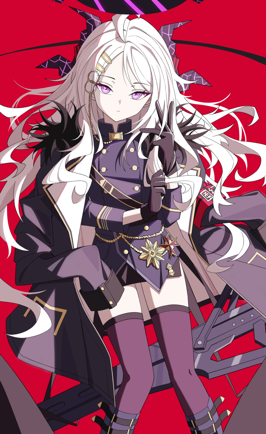 1girl, absurdres, ahoge, black_gloves, black_skirt, blue_archive, buttons, closed_mouth, coat, coat_on_shoulders, collared_shirt, commentary, double-breasted, dusk_ming, feet_out_of_frame, fur-trimmed_coat, fur_trim, glove_pull, gloves, hair_ornament, halo, hand_up, head_tilt, highres, hina_(blue_archive), horns, legs_apart, long_sleeves, looking_at_viewer, miniskirt, open_clothes, open_coat, parted_bangs, pencil_skirt, purple_coat, purple_eyes, purple_shirt, purple_thighhighs, red_background, shirt, side_slit, simple_background, skirt, solo, thighhighs, thighs, two-sided_coat, two-sided_fabric, white_coat, white_hair