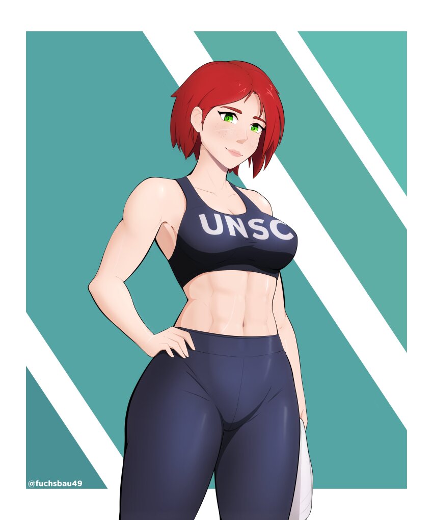 1girl, abs, absurdres, artist_name, black_pants, black_sports_bra, fuchsbau49, green_background, green_eyes, halo_(series), hands_on_own_hips, highres, holding, holding_towel, linda_058, navel, pants, red_hair, short_hair, sports_bra, tight_clothes, tight_pants, toned, toned_female, towel, twitter_username