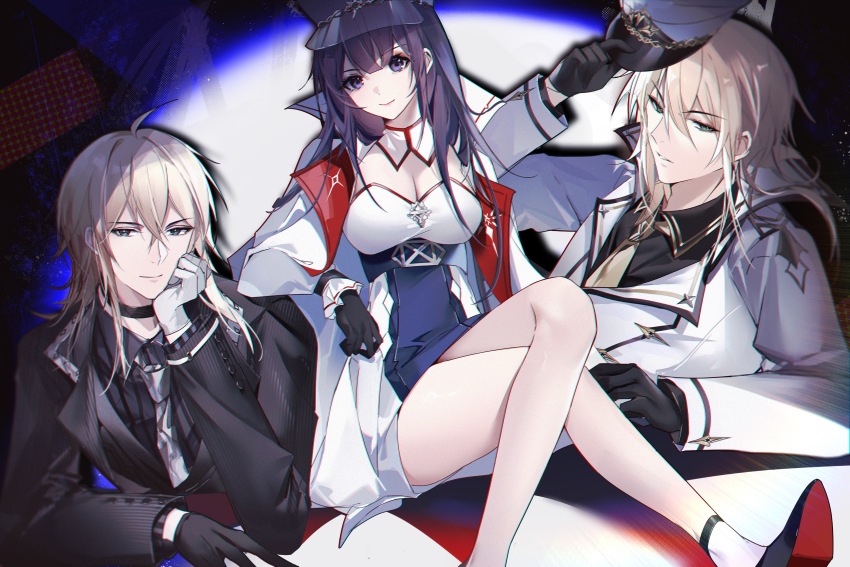 1girl, 2boys, absurdres, alkaid_mcgrath, alkaid_mcgrath_(infinite_empire), ankle_strap, asymmetrical_gloves, black_choker