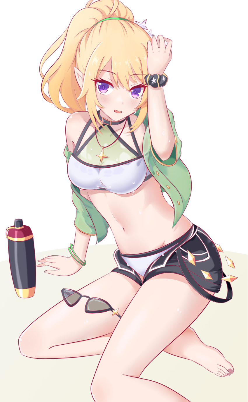 1girl, absurdres, arm_up, barefoot, bikini, bikini_under_clothes, black-framed_eyewear, black_scrunchie