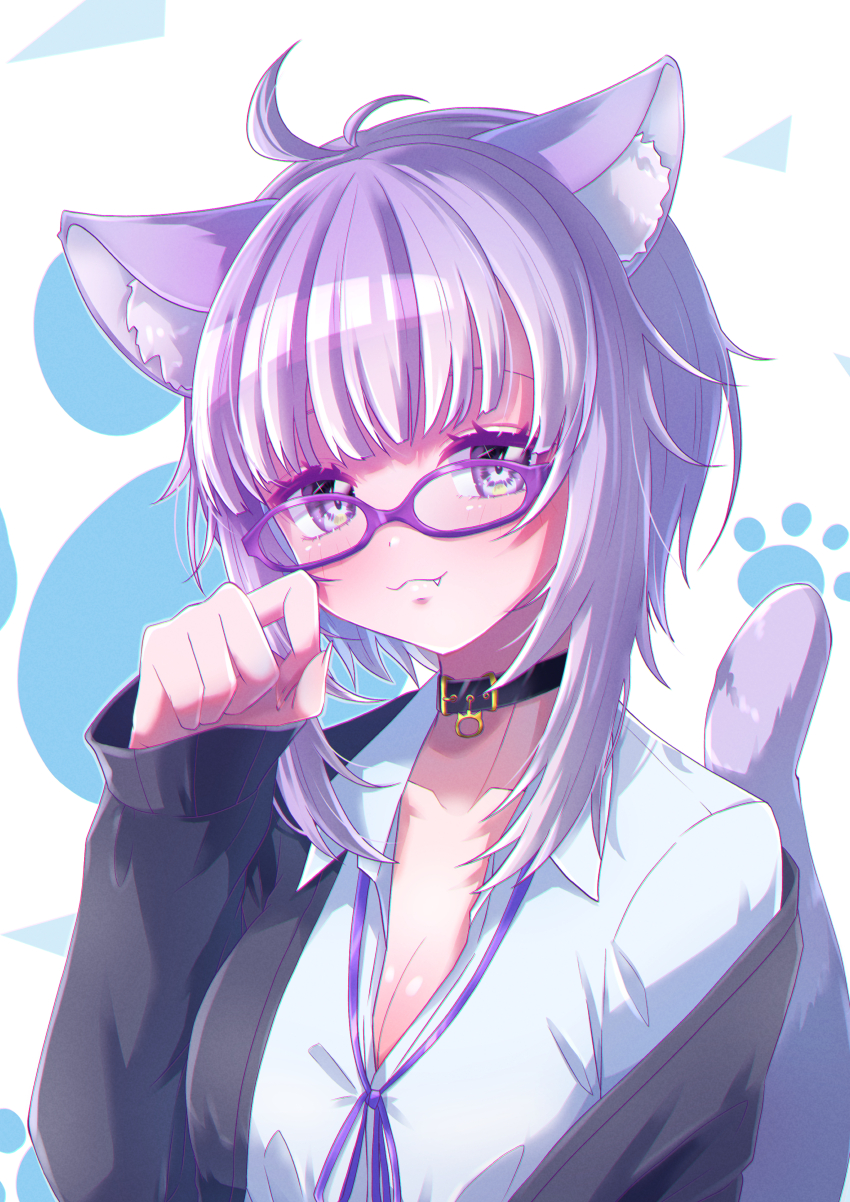 1girl, :3, absurdres, ahoge, animal_ears, black_collar, black_jacket, blush