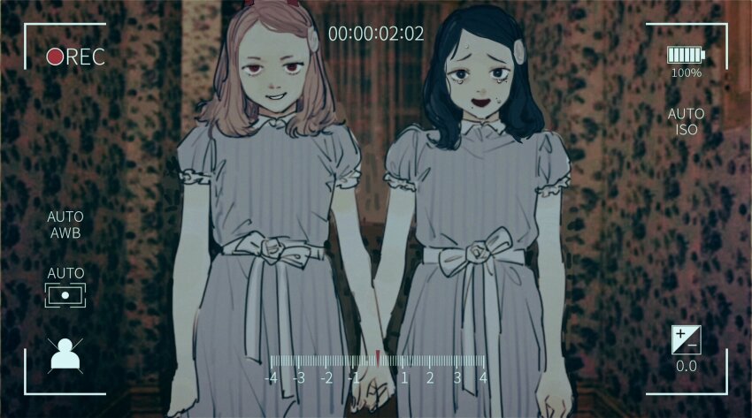 2girls, bags_under_eyes, battery_indicator, black_eyes, black_hair, brown_hair, chainsaw_man, cosplay, cowboy_shot, dress, forehead, furrowed_brow, grady_sisters_(the_shining), grady_sisters_(the_shining)_(cosplay), grey_dress, grin, hair_ornament, hallway, higashiyama_kobeni, highres, holding_hands, indoors, looking_at_viewer, medium_hair, mole, mole_under_eye, multiple_girls, nervous_smile, parody, pecopecosupipi, power_(chainsaw_man), puffy_short_sleeves, puffy_sleeves, raised_eyebrows, recording, red_eyes, sash, scene_reference, short_sleeves, side-by-side, smile, standing, striped_clothes, striped_dress, sweat, swept_bangs, tearing_up, the_shining, timestamp, vertical-striped_clothes, vertical-striped_dress, viewfinder, wallpaper_(object), white_sash