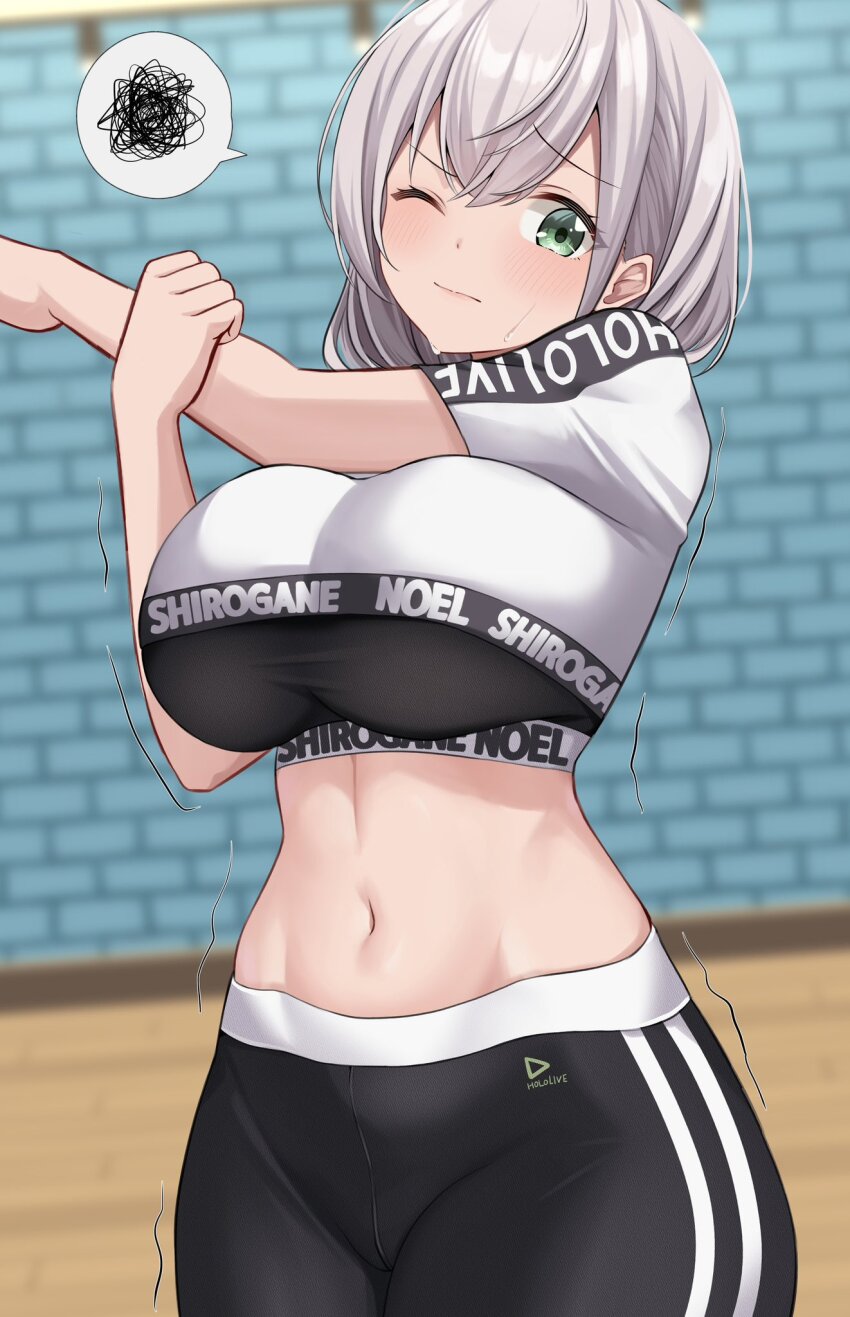 1girl, 9696k, black_pants, black_sports_bra, breasts, character_name, crop_top, crop_top_overhang