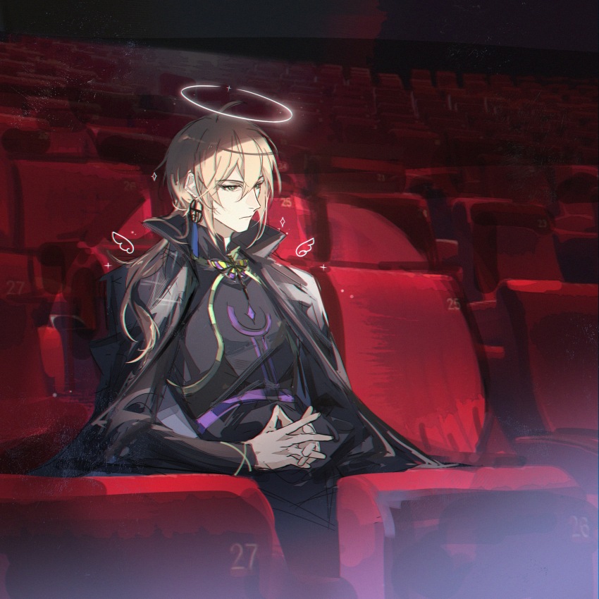 1boy, absurdres, alkaid_mcgrath, alkaid_mcgrath_(deimortem_era), black_cape, black_shirt, blonde_hair, brooch, butterfly_brooch, cape, closed_mouth, commentary, compression_shirt, drawn_halo, drawn_wings, earrings, english_commentary, expressionless, green_eyes, hair_between_eyes, halo, highres, interlocked_fingers, jewelry, jiuchuansi, long_hair, long_sleeves, looking_ahead, lovebrush_chronicles, low_ponytail, male_focus, movie_theater, own_hands_together, ponytail, shirt, single_earring, sitting, solo, spotlight, tassel, tassel_earrings, theater_seating, upper_body