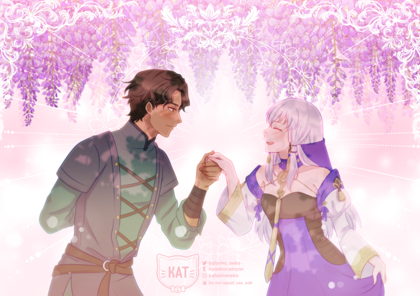 1boy, 1girl, closed_eyes, couple, cyril_(fire_emblem), cyril_(timeskip)_(fire_emblem), dark-skinned_male, dark_skin, fire_emblem, fire_emblem:_three_houses, hetero, highres, katarina_neko, long_hair, long_sleeves, lysithea_von_ordelia, lysithea_von_ordelia_(timeskip), nintendo, open_mouth, white_hair