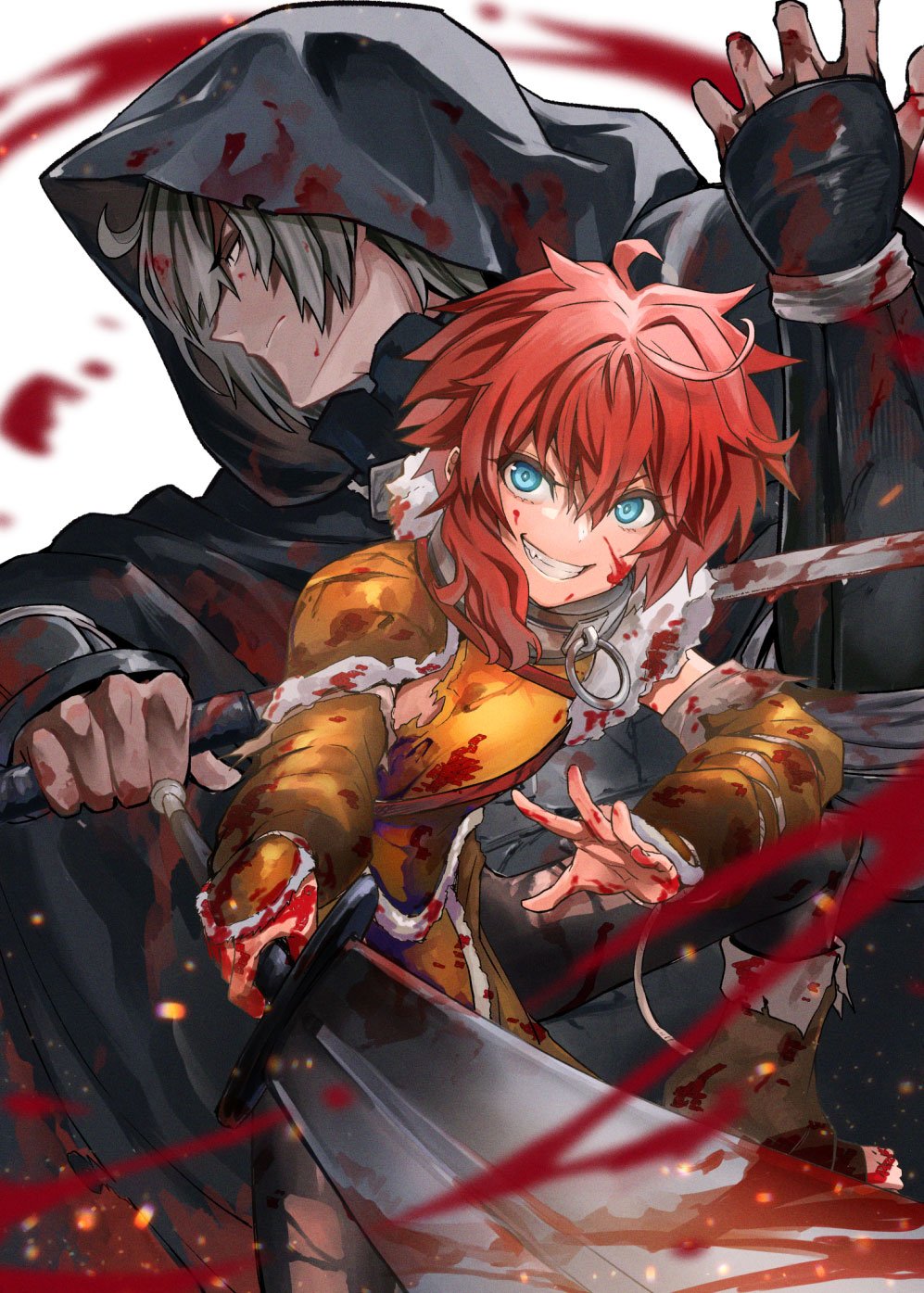 1boy, 1girl, armor, black_eyes, blade_&amp;_bastard, blood, blood_on_clothes, blood_on_face