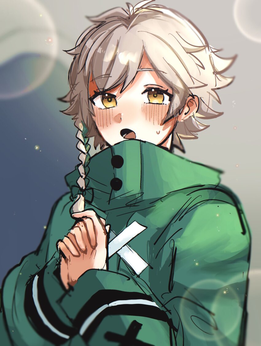 1boy, braid, clanne_(fire_emblem), fire_emblem, fire_emblem_engage, green_hair, green_jacket, grey_hair, highres, jacket, multicolored_hair, neko_maru_1027, nintendo, open_mouth, own_hands_together, single_braid, solo, split-color_hair, upper_body, yellow_eyes