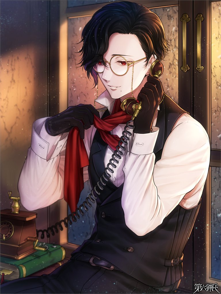 1boy, adjusting_ascot, adjusting_clothes, antique_phone, ascot, asymmetrical_bangs, belt, belt_buckle