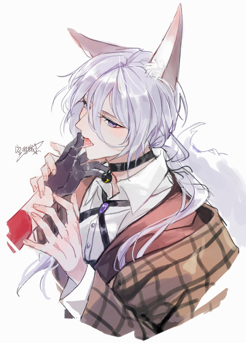 1boy, absurdres, animal_ears, bell, black_choker, black_gloves, black_ribbon, blush