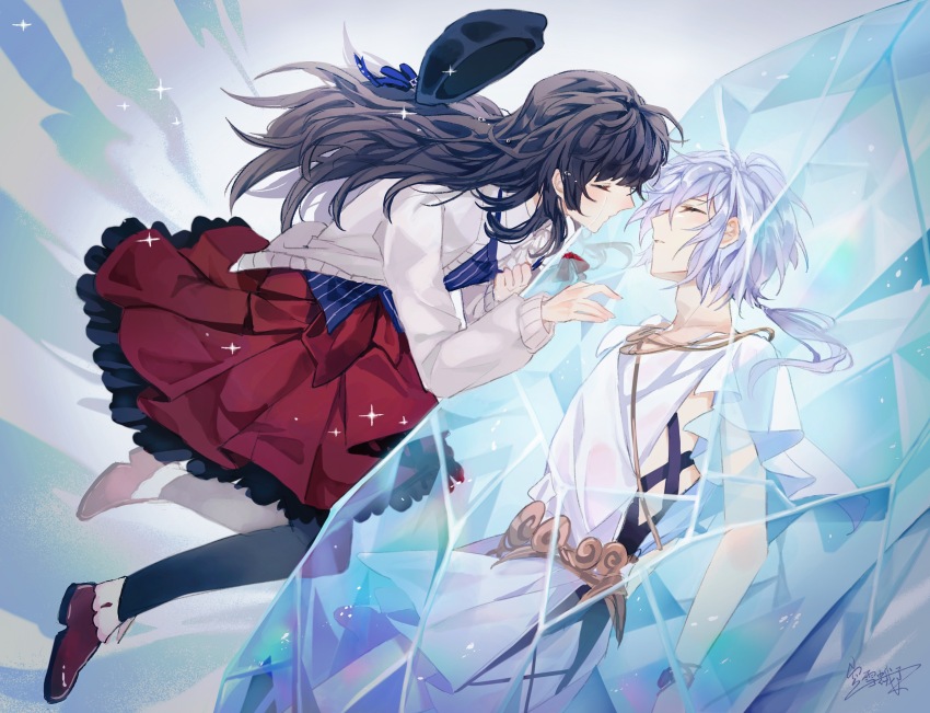 1boy, 1girl, aged_down, ankle_boots, belt, beret, black_hair, black_headwear