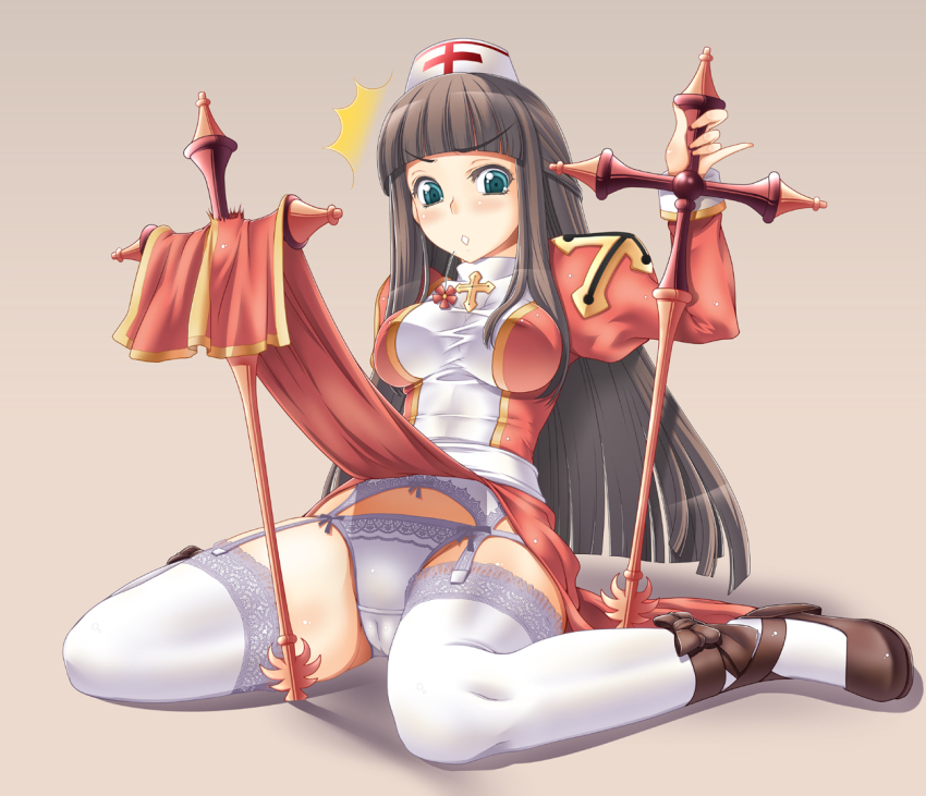 1girl, blue_eyes, brown_hair, female_focus, flower, garter_belt, high_priest_(ragnarok_online), kairichan