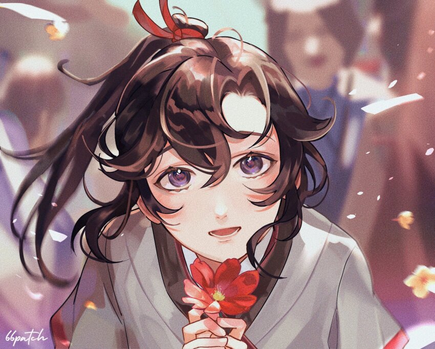 1boy, 66patch, artist_name, black_hair, chinese_clothes, crowd, falling_petals, flower