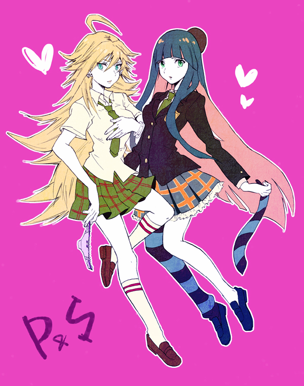 10s, 2girls, blazer, hat, heart, jacket, kneehighs, long_hair, long_sleeves, multiple_girls, panties, panty_&amp;_stocking_with_garterbelt, panty_(psg), school_uniform, shirt, short_sleeves, siblings, simple_background, single_thighhigh, sisters, skirt, socks, spot_color, standing, standing_on_one_leg, stocking_(psg), striped_clothes, striped_legwear, striped_socks, thighhighs, underwear, usutsuchi_kine, white_shirt