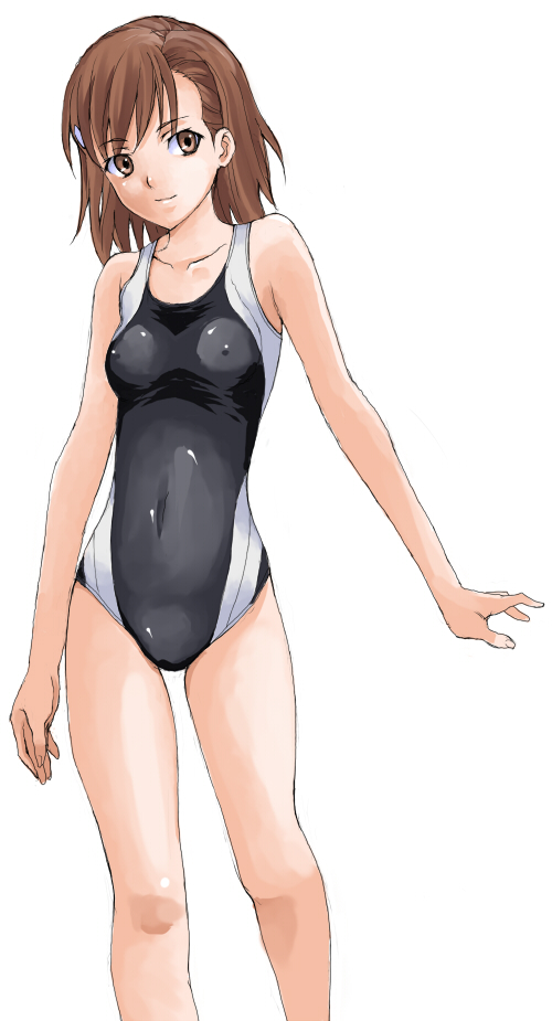 1girl, bad_id, bad_pixiv_id, black_one-piece_swimsuit, breasts, brown_eyes, brown_hair, collarbone