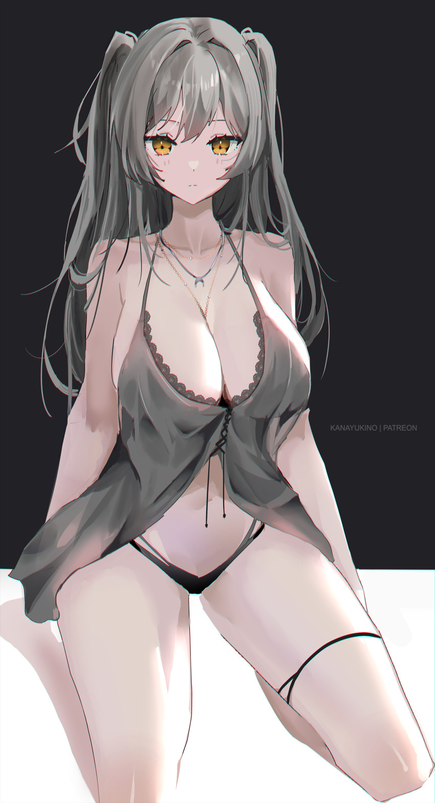 1girl, absurdres, alternate_costume, babydoll, bare_arms, bare_shoulders, black_background, black_panties, breasts, cleavage, closed_mouth, collarbone, expressionless, grey_babydoll, grey_hair, highres, honkai:_star_rail, honkai_(series), jewelry, kana_yukino, lace-trimmed_babydoll, lace_trim, large_breasts, lingerie, long_hair, looking_at_viewer, navel, necklace, panties, solo, spaghetti_strap, stelle_(honkai:_star_rail), stomach, string_panties, thigh_strap, thighs, trailblazer_(honkai:_star_rail), two_side_up, underwear, underwear_only, yellow_eyes
