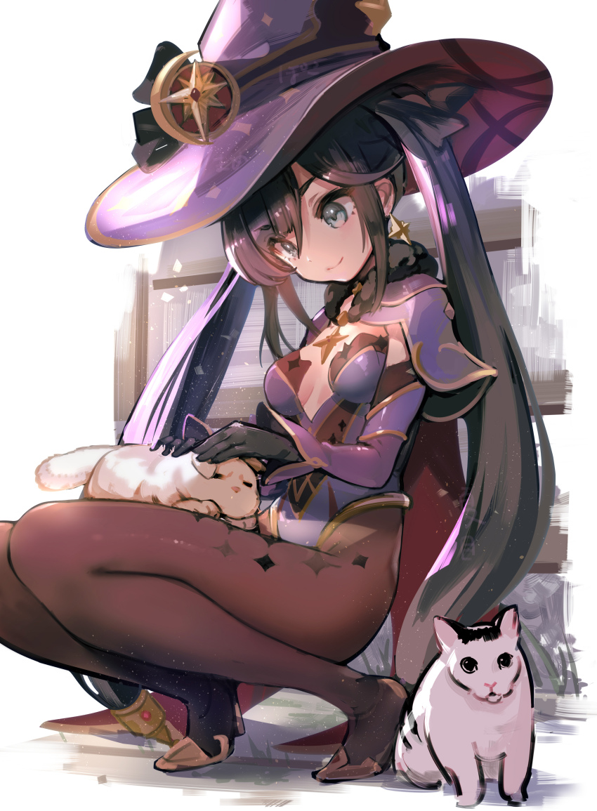 1girl, absurdres, animal_on_leg, black_gloves, black_hair, breasts, brown_pantyhose, cat, cat_day, closed_mouth, commentary_request, earrings, fur_collar, genshin_impact, gloves, gold_trim, green_eyes, hat, highres, huh?_cat_(meme), jewelry, leotard, long_hair, looking_at_animal, meme, mona_(genshin_impact), pantyhose, purple_hat, purple_leotard, small_breasts, solo, sparkle_print, squatting, star_(symbol), star_earrings, starry_babe, twintails, very_long_hair, witch_hat