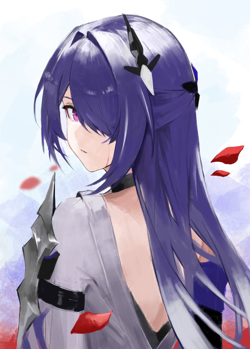 1girl, absurdres, acheron_(honkai:_star_rail), armor, asymmetrical_clothes, bare_back, black_choker, choker