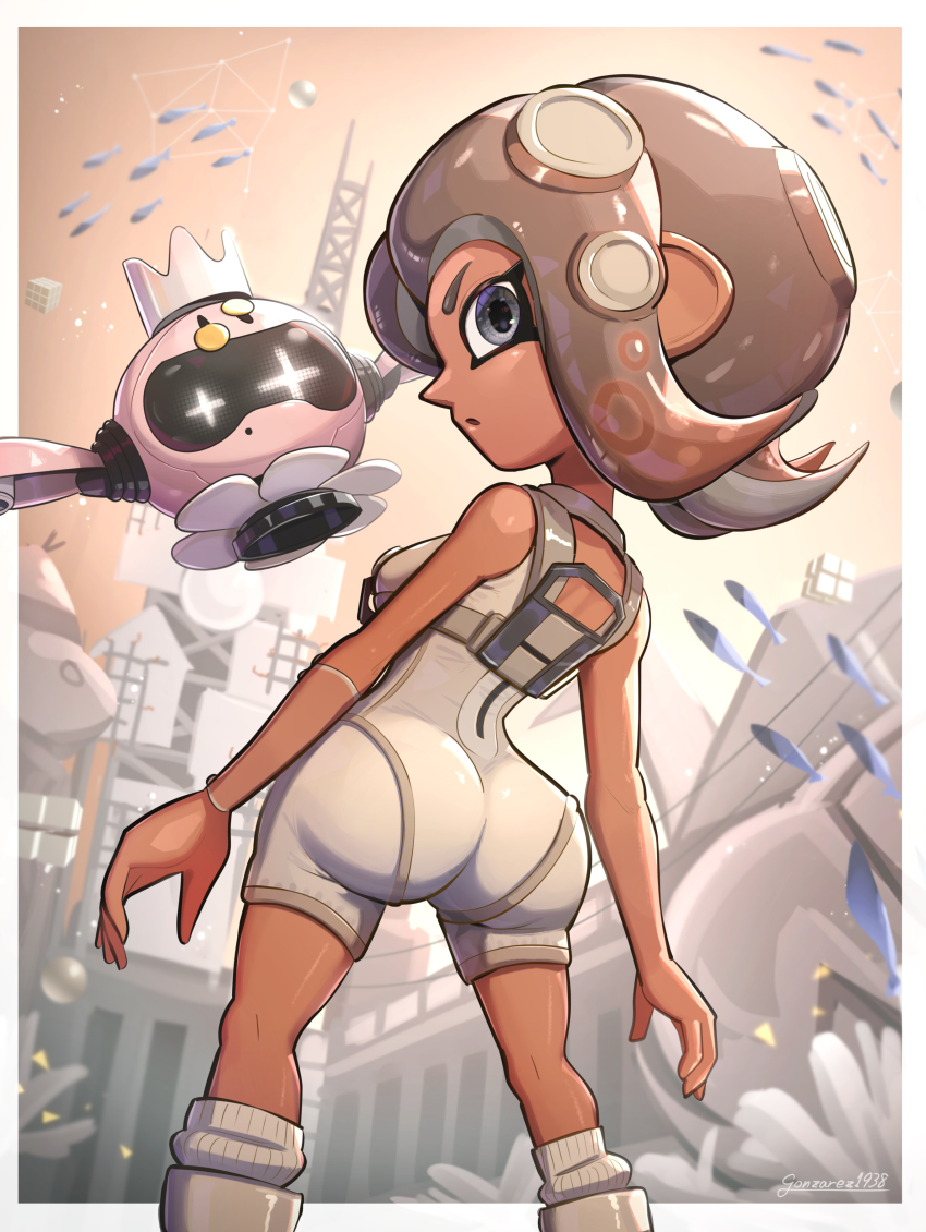 1girl, absurdres, agent_8_(splatoon), animal, ass, bodysuit, boots, breasts, city, cityscape, coral, dark-skinned_female, dark_skin, fish, from_behind, gonzarez, grey_eyes, highres, jumpsuit, kneehighs, looking_at_viewer, looking_back, medium_breasts, nintendo, octoling, octoling_girl, octoling_player_character, orange_sky, pearl_(splatoon), pearl_drone_(splatoon), power_lines, robot, sky, socks, splatoon_(series), tentacle_hair, white_boots, white_jumpsuit, white_socks