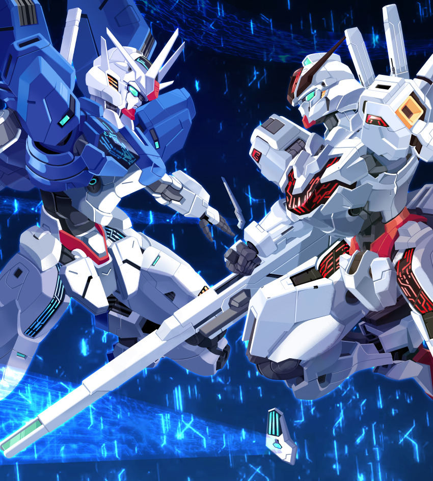 absurdres, aqua_eyes, beam_cannon, bit_(gundam), commentary_request, commission, energy_cannon, gundam