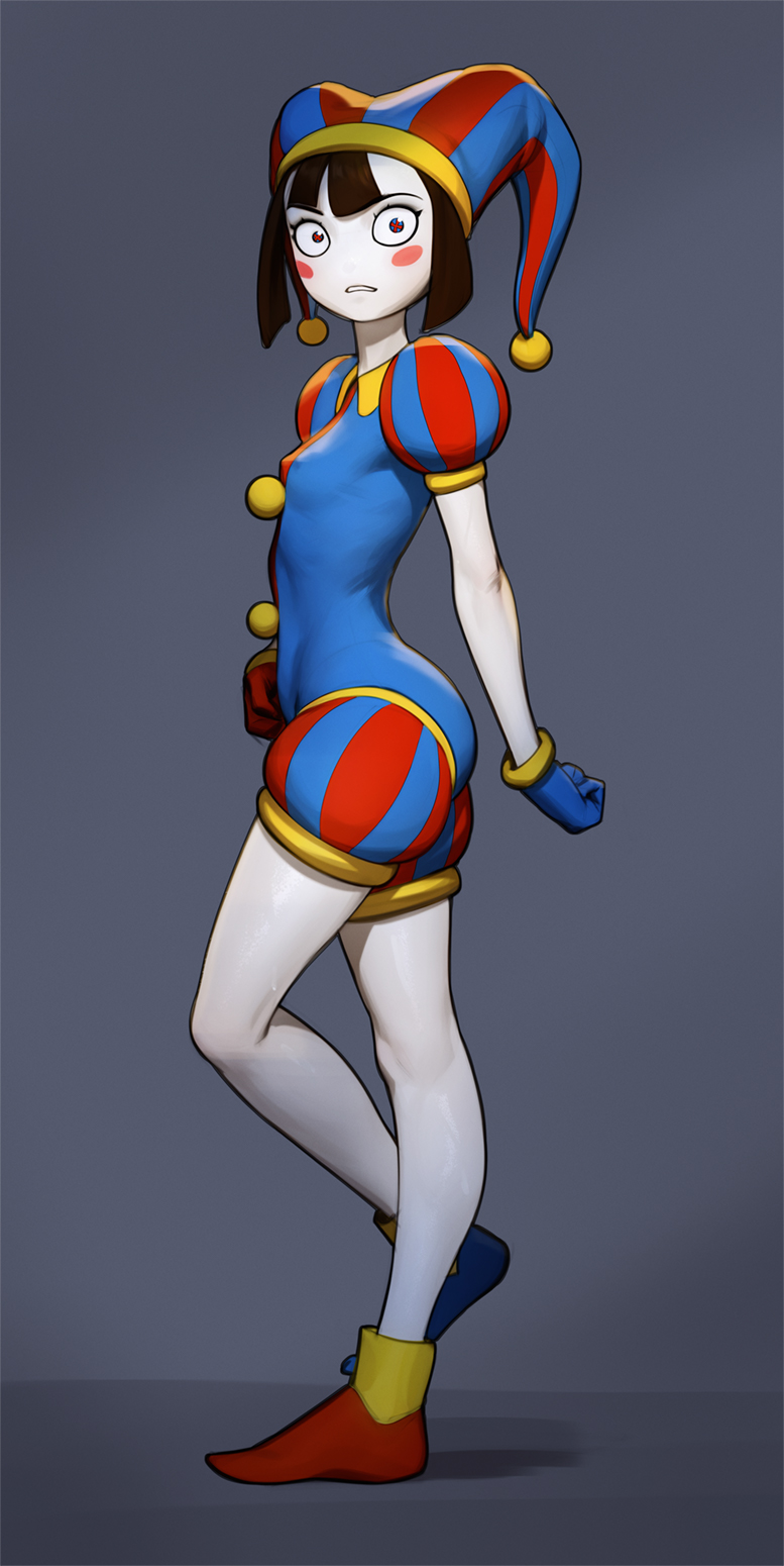 1girl, asymmetrical_footwear, asymmetrical_gloves, blue_eyes, blush_stickers, breasts, brown_hair, colored_skin, covered_erect_nipples, cross-shaped_pupils, from_side, full_body, gloves, highres, jester, jester_costume, looking_at_viewer, mismatched_footwear, mismatched_gloves, pomni_(the_amazing_digital_circus), puffy_sleeves, small_breasts, solo, striped_clothes, striped_headwear, striped_sleeves, symbol-shaped_pupils, tarakanovich, the_amazing_digital_circus, vertical-striped_clothes, vertical-striped_headwear, vertical-striped_sleeves, white_skin