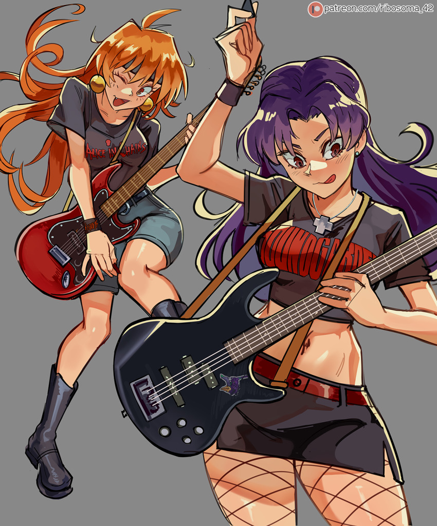 2girls, :3, :d, ahoge, alice_in_chains, belt, belt_buckle, black_belt, black_boots, black_headband, black_shirt, black_shorts, black_skirt, body_blush, boots, breasts, buckle, clothes_writing, collarbone, covered_erect_nipples, crop_top, cross, cross_necklace, crossover, curvy, earrings, electric_guitar, english_text, eva_01, female_focus, fishnet_pantyhose, fishnets, floating_hair, full_body, grey_background, guitar, hand_up, headband, highres, holding, holding_guitar, holding_instrument, holding_plectrum, instrument, jewelry, katsuragi_misato, large_breasts, lina_inverse, logo, long_hair, looking_at_object, looking_at_viewer, looking_down, lying, matching_hair/eyes, medium_breasts, microskirt, midriff, miniskirt, multiple_girls, music, name_connection, navel, necklace, neon_genesis_evangelion, one_eye_closed, open_mouth, orange_eyes, orange_hair, pantyhose, parted_bangs, patreon_logo, playing_guitar, playing_instrument, plectrum, purple_eyes, purple_hair, red_belt, ribosoma_42, shiny_skin, shirt, shirt_tucked_in, short_sleeves, shorts, side_slit, simple_background, skirt, slayer_(band), slayers, smile, soundgarden, spaghetti_strap, standing, sticker, t-shirt, tank_top, teamwork, thigh_boots, tongue, tongue_out, tsurime, watermark, web_address, wide_hips, wristband