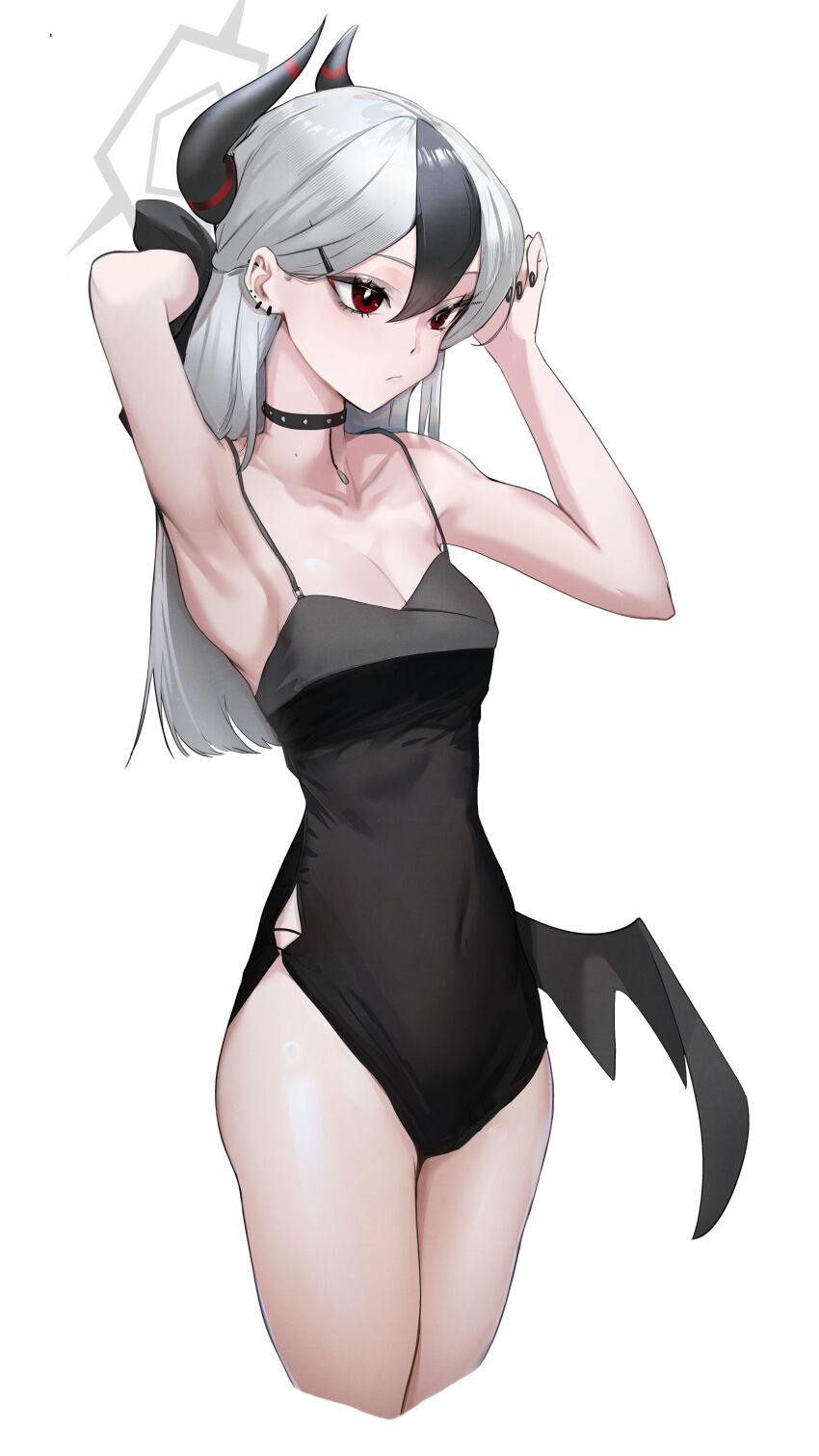 1girl, absurdres, arm_behind_head, arm_up, armpits, bare_arms, bare_shoulders, black_dress